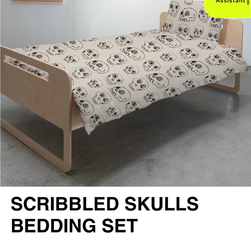nununu Black and White Skull Duvet Cover, pillow case, and fitted sheet.